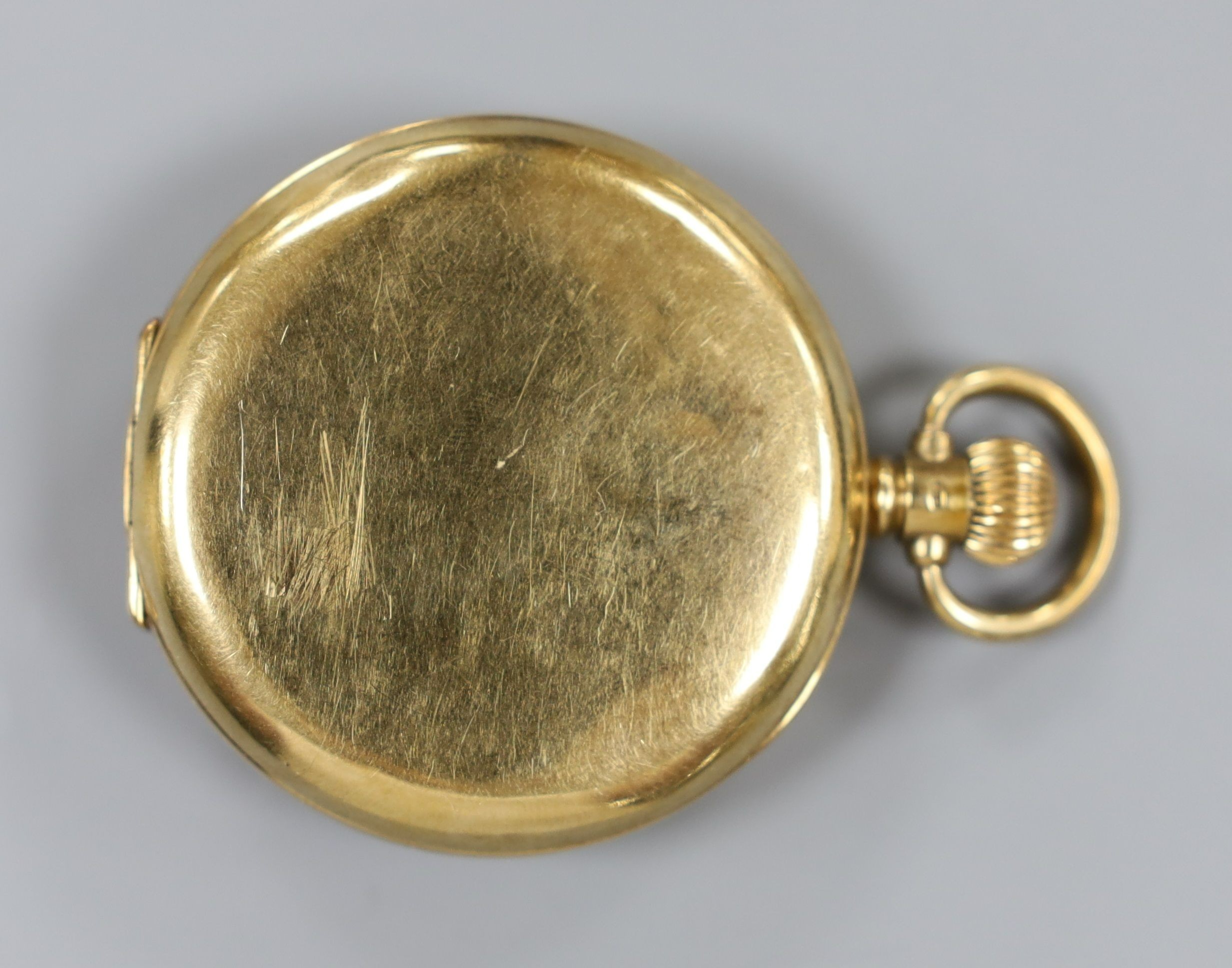 A George V 9ct gold half hunter keyless pocket watch by Samuel of Manchester, case diameter 49mm, gross weight 91.8 grams.